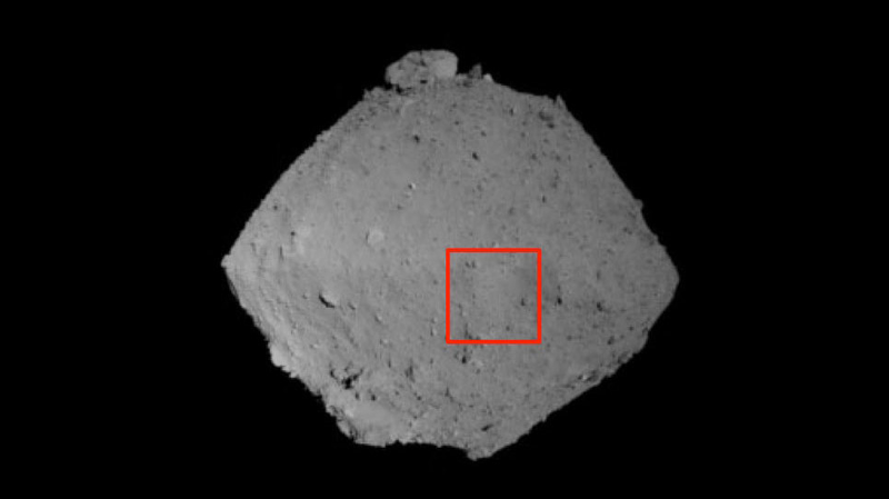Wide-angle camera view showing the entire asteroid. The red frame corresponds to the photograph taken at an altitude of 1,000 meters (0.6 miles).